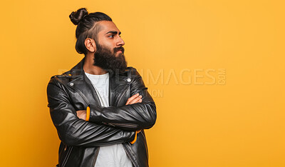 Fashion, smile and man with leather jacket, studio and worker of creative, company and banner. Backdrop, stylish and employee of business, designer and clothes for trendy, thinking and startup