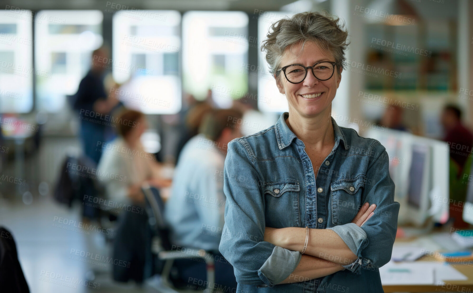 Buy stock photo Crossed arms, happy and portrait of mature woman in office with positive and confident attitude. Smile, pride and professional female graphic designer with creative career in startup in New York.