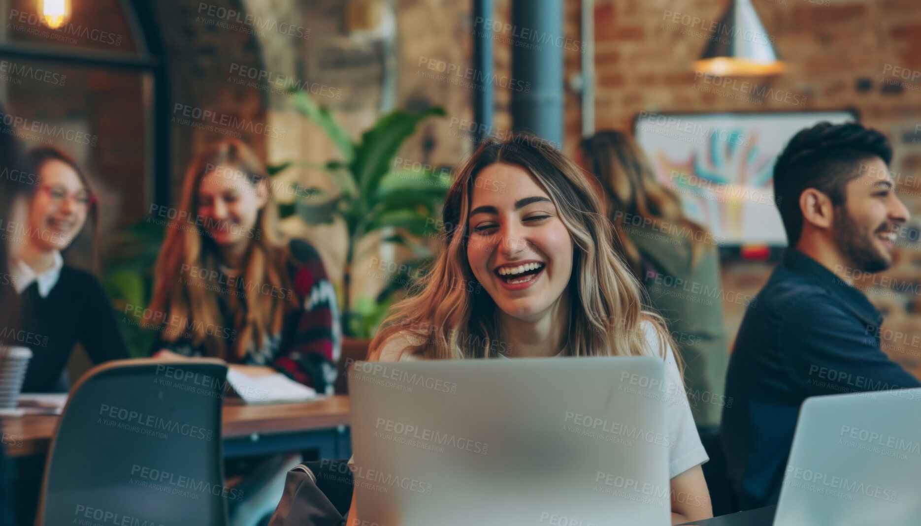 Buy stock photo Business woman, laptop and remote work at cafe for coworking, startup and public relations project. Young and creative media writer or freelancer on computer, copywriting and excited for opportunity