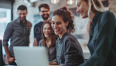 Buy stock photo Woman, business and smile with office, laptop and discussion for professional erp collaboration. Creative worker, teamwork and planning for company report, feedback and communication in workspace