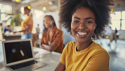 Company, office and portrait of black woman with smile at work for advertising agency, career and job. Happy, person and employee with laptop for sales research, copywriting and report in Nigeria