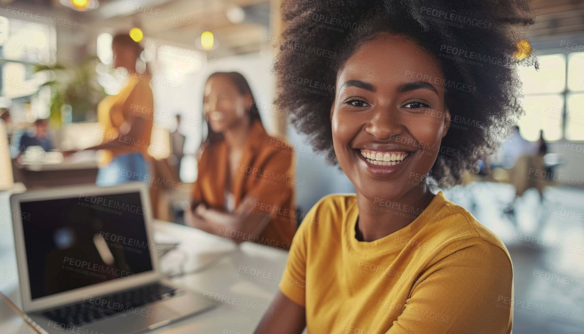 Buy stock photo Company, office and portrait of black woman with smile at work for business agency, career and job. Happy, person and employee with laptop for sales research, copywriting and report in Nigeria