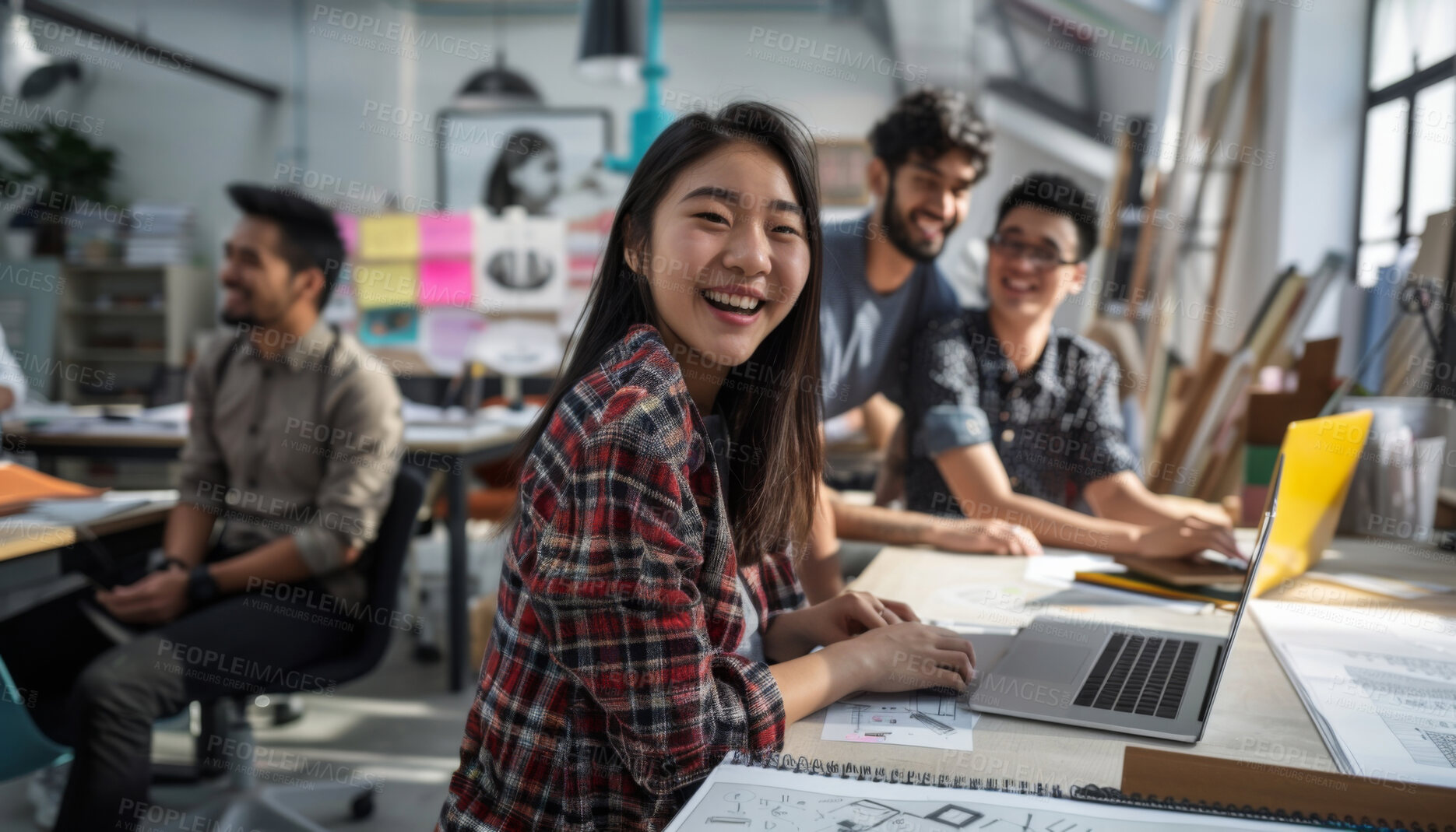 Buy stock photo Happy, asian woman and designer with laptop and sketchbook for creative project in workshop. Business person and artist with computer and paper for ideas, research and planning with team or coworkers