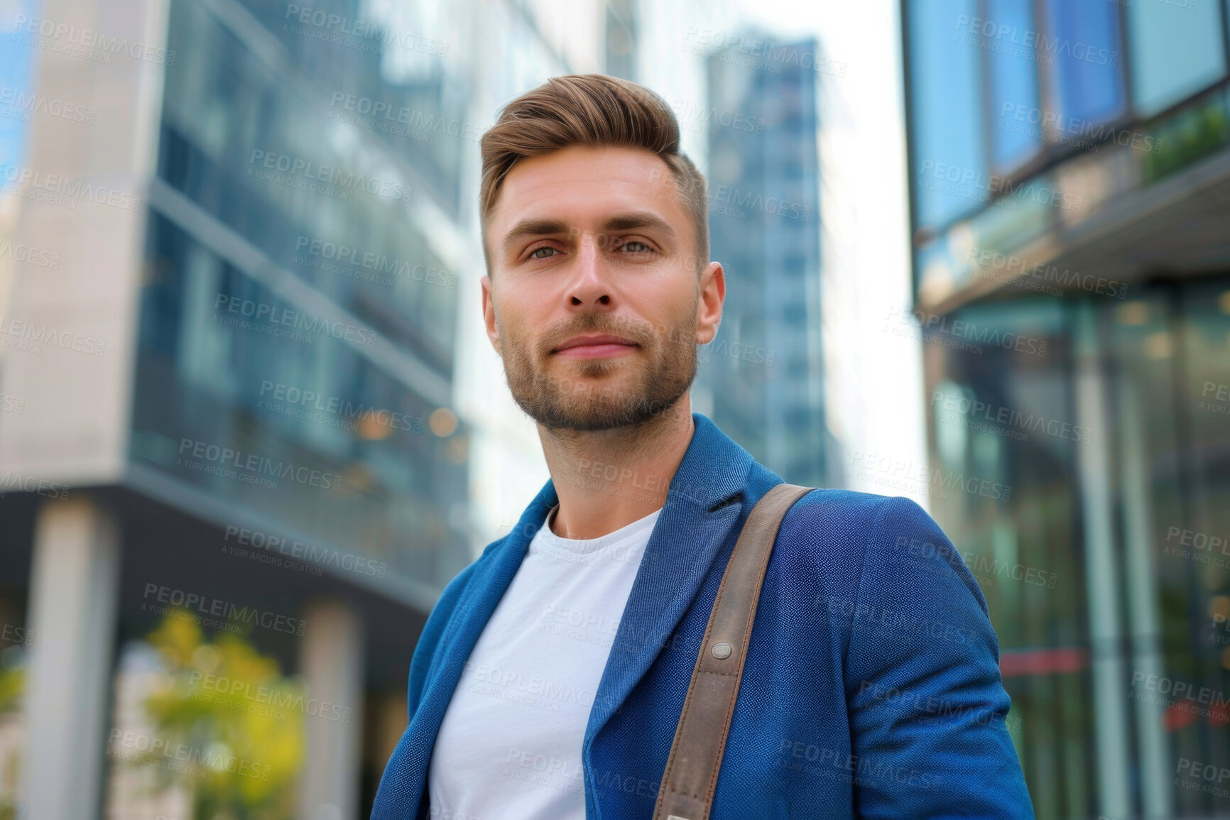 Buy stock photo City, portrait and proud with business man outdoor on street for morning commute to work. Building, start and travel with confident professional employee in urban town for inspiration or opportunity