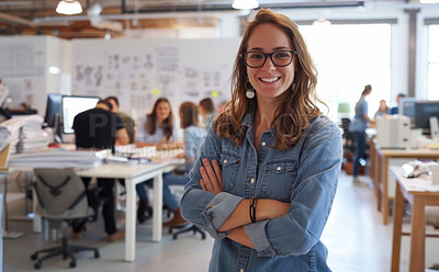 Crossed arms, smile and portrait of woman in office with positive, good and confident attitude. Happy, pride and female graphic designer with creative career in startup workplace in New York.