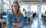 Crossed arms, professional and portrait of woman in office with positive, good and confident attitude. Happy, pride and female graphic designer with creative career in startup workplace in New York.