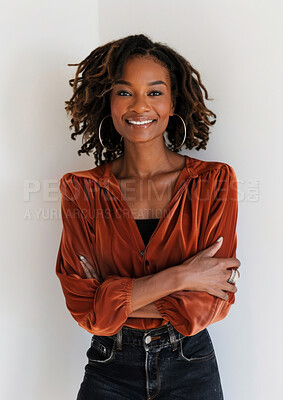 Black woman, portrait and confident or happy in studio, entrepreneur and startup employee for design agency. Creative, businesswoman on white background, smile and mockup with African professional