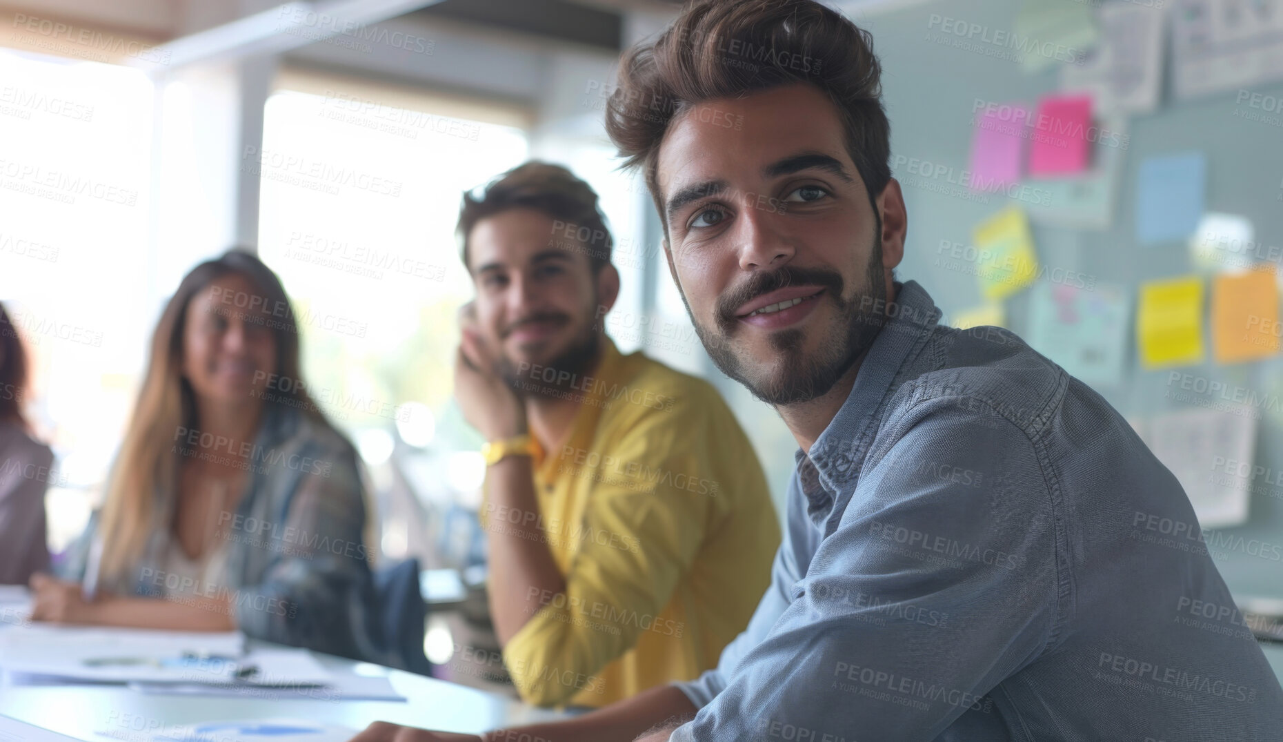 Buy stock photo Man, business and smile with office, meeting and discussion for professional erp collaboration. Creative worker, teamwork and planning for company update, feedback and communication in workspace