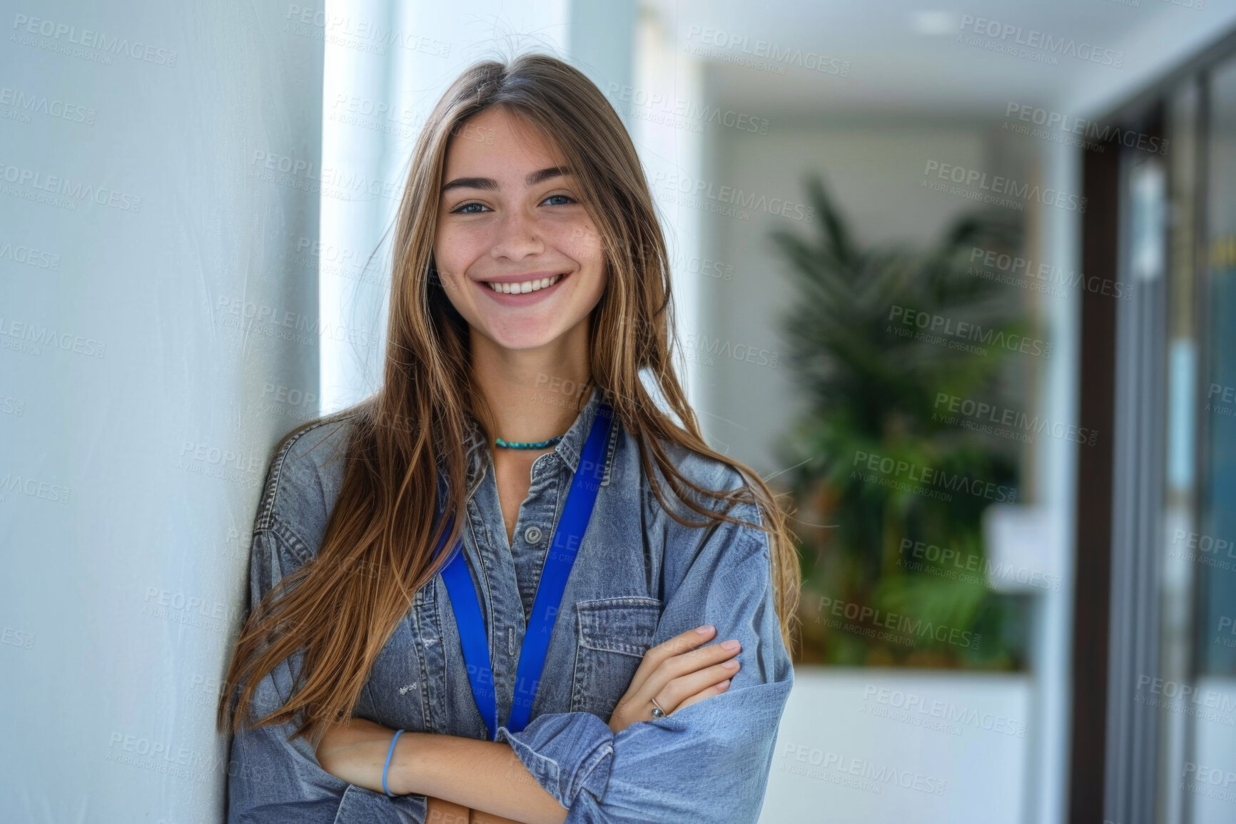 Buy stock photo Portrait, smile and business woman with arms crossed in office, workplace or creative company for startup career. Face, happy professional and confident entrepreneur, worker and young editor in USA