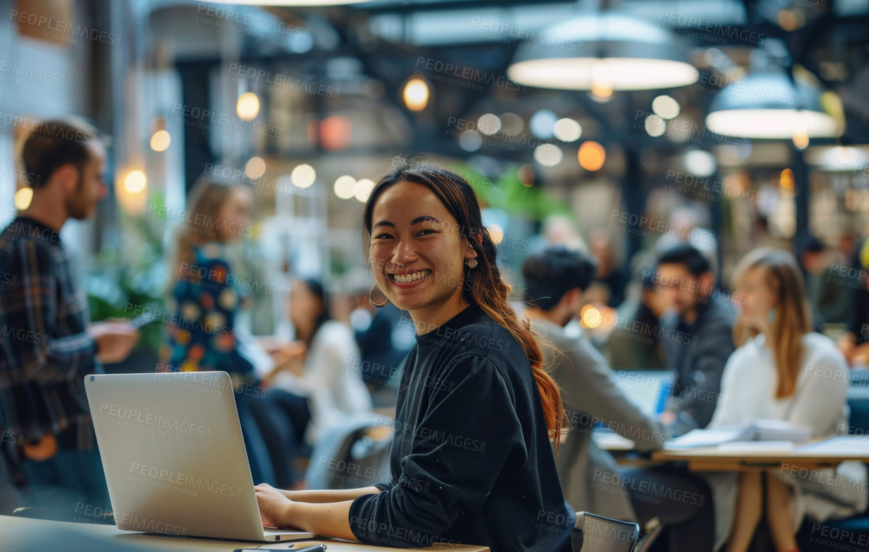 Buy stock photo Korean woman, laptop and remote work at cafe for coworking, startup and public relations business. Portrait of creative media writer or freelancer computer, copywriting and excited for opportunity