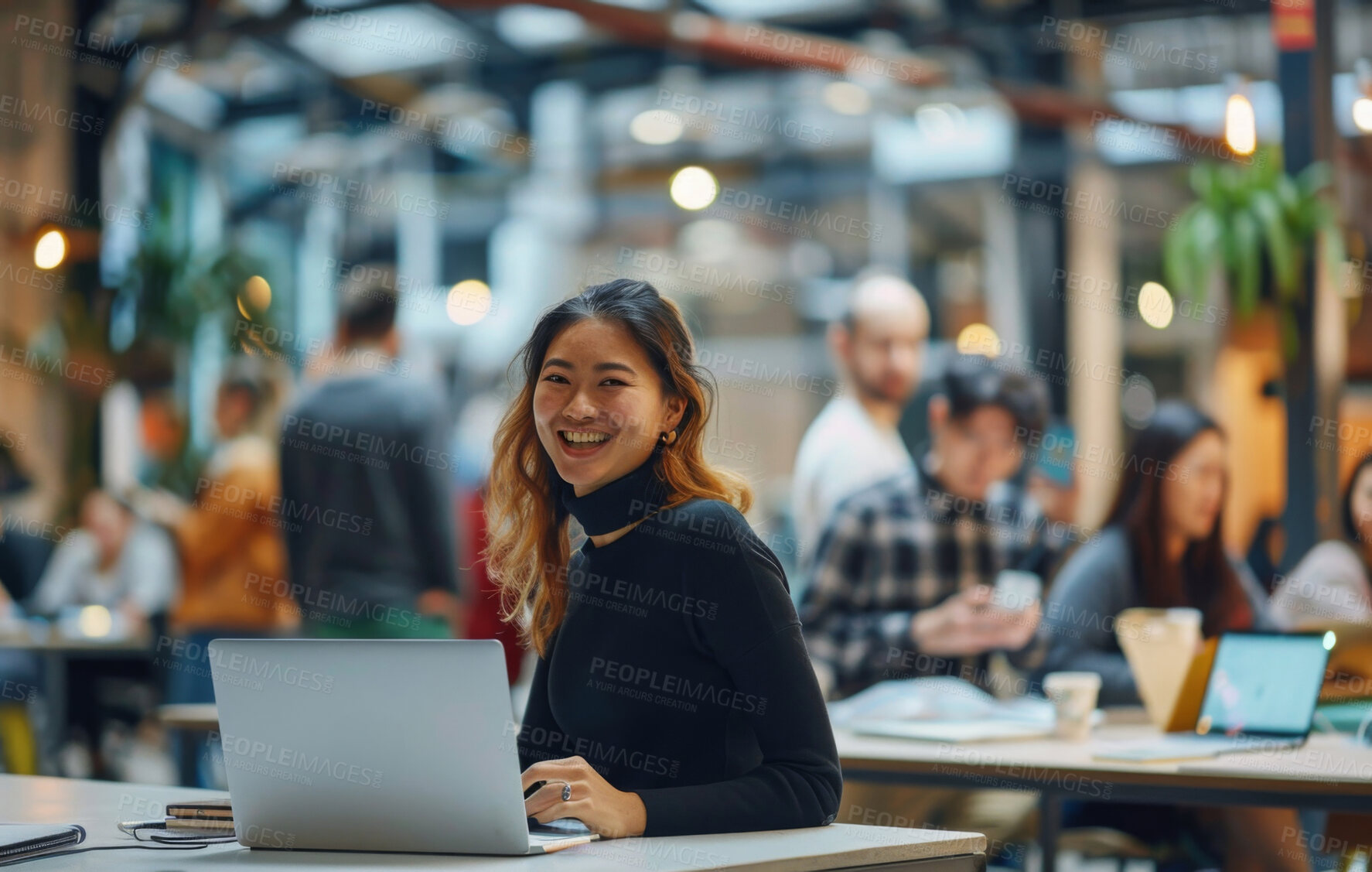 Buy stock photo Chinese woman, laptop and remote work at cafe for coworking, startup and public relations business. Portrait of creative media writer or freelancer computer, copywriting and excited for opportunity