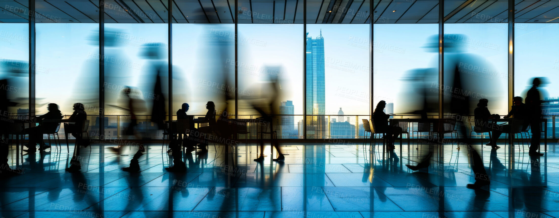 Buy stock photo People, walking and motion blur with skyline in office for movement, corporate company with workers. Crowd, moving or city in workplace with silhouette of employee, community with collage or building