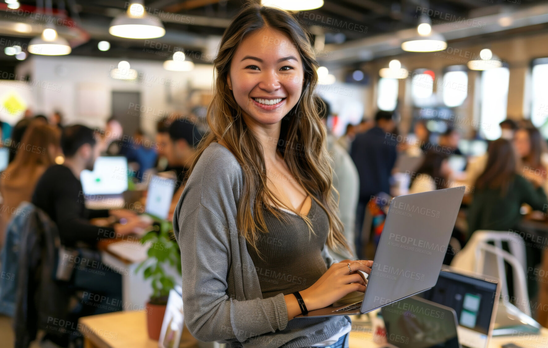 Buy stock photo Chinese woman, laptop and office with creative planning, copywriting and editorial workspace for business publishing. Portrait of online editor typing on computer in coworking space or media startup