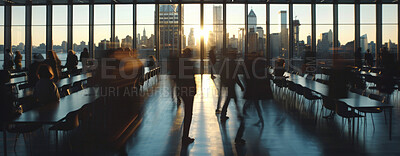 Company, motion blur and window of office with business people in downtown lobby for work. Building, busy and corporate with employee group walking in workplace for professional occupation in city