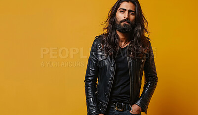 Fashion, portrait and man with leather jacket, studio and worker of creative, company and banner. Backdrop, stylish and employee of business, designer and clothes for work, trendy and thinking