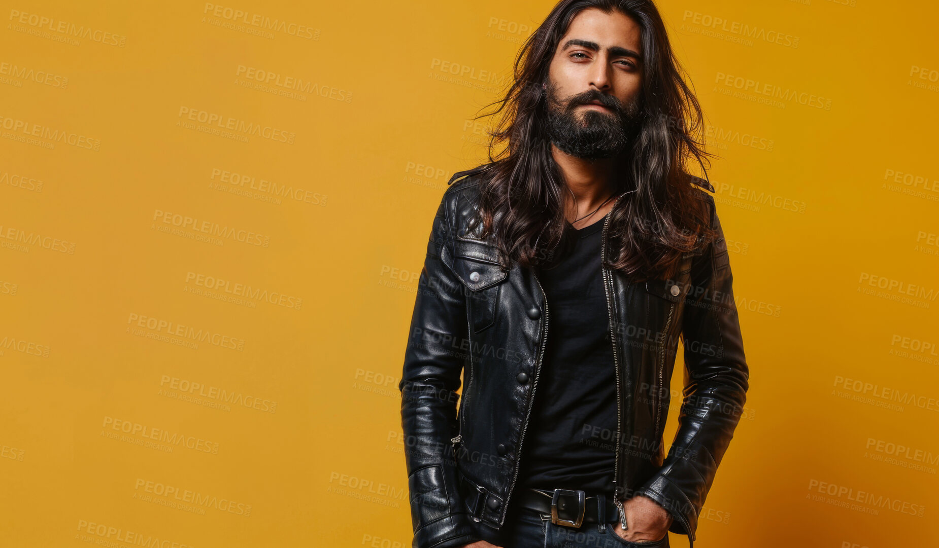 Buy stock photo Fashion, portrait and man with leather jacket, studio and worker of creative, company and banner. Backdrop, stylish and employee of business, designer and clothes for work, trendy and thinking