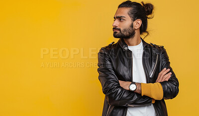 Man, confident and fashion in studio profile, leather style and cool guy on yellow background. Male person, arms crossed and mockup space for retail promotion, casual outfit and clothes for aesthetic