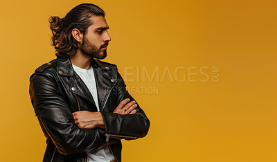 Fashion, serious and man with leather jacket, studio and worker of creative, company and banner. Backdrop, stylish and employee of business, designer and clothes for work, trendy and thinking