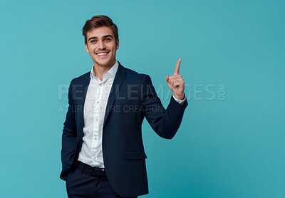 Businessman, pointing and smile on mockup for advertising, product placement and notification for sale. Portrait, happy man and space for showing info with marketing and offer by studio background