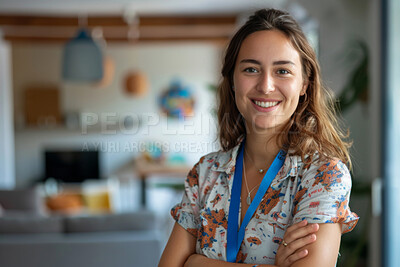 Woman, portrait and confident teacher in kindergarten for education, classroom and foundation phase. Smile, face and teaching worker in school for learning with scholarship, knowledge and development