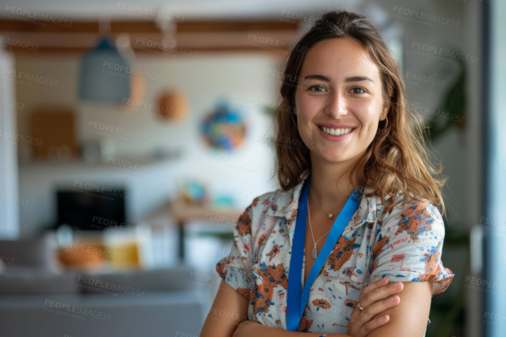 Buy stock photo Woman, portrait and confident teacher in kindergarten for education, classroom and foundation phase. Smile, face and teaching worker in school for learning with scholarship, knowledge and development