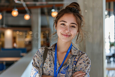 Portrait, confidence and creative business woman in office, workplace or company for startup career in Spain. Face, professional and entrepreneur, employee and young designer working at convention