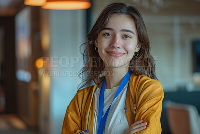 Girl, portrait and student at college for learning, confident and happy for knowledge on campus. Female person, smile and proud of scholarship opportunity, education and woman for academic future