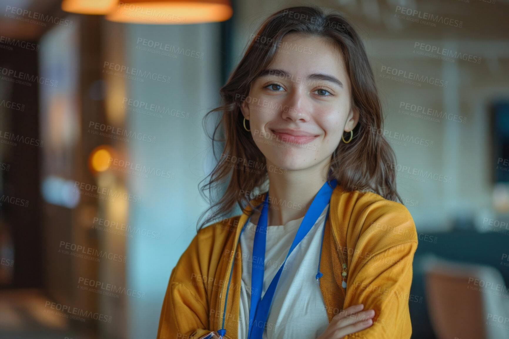 Buy stock photo Girl, portrait and student at college for learning, confident and happy for knowledge on campus. Female person, smile and proud of scholarship opportunity, education and woman for academic future