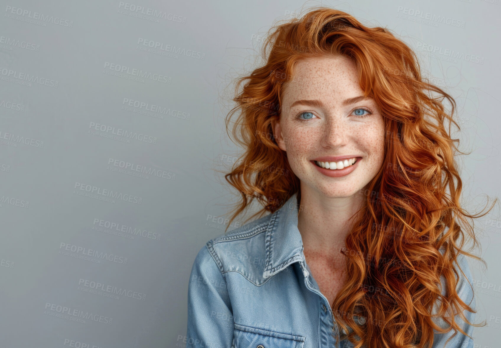 Buy stock photo Portrait, woman and happy with mockup for creative career, mindset and designer. Gen z girl, isolated smile and entrepreneur by studio background for startup company, mission and professional goals