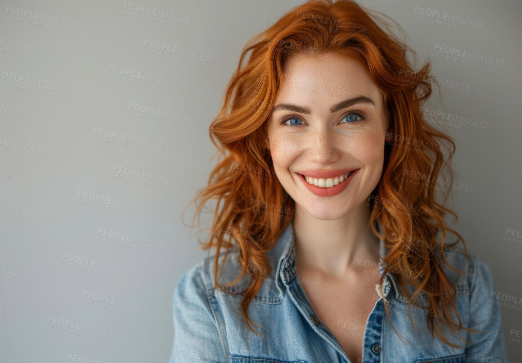 Buy stock photo Portrait, woman and happy by studio background for creative career, smile and hair health. Hairdresser, isolated girl and entrepreneur with mockup for startup, redhead and professional job in Ireland