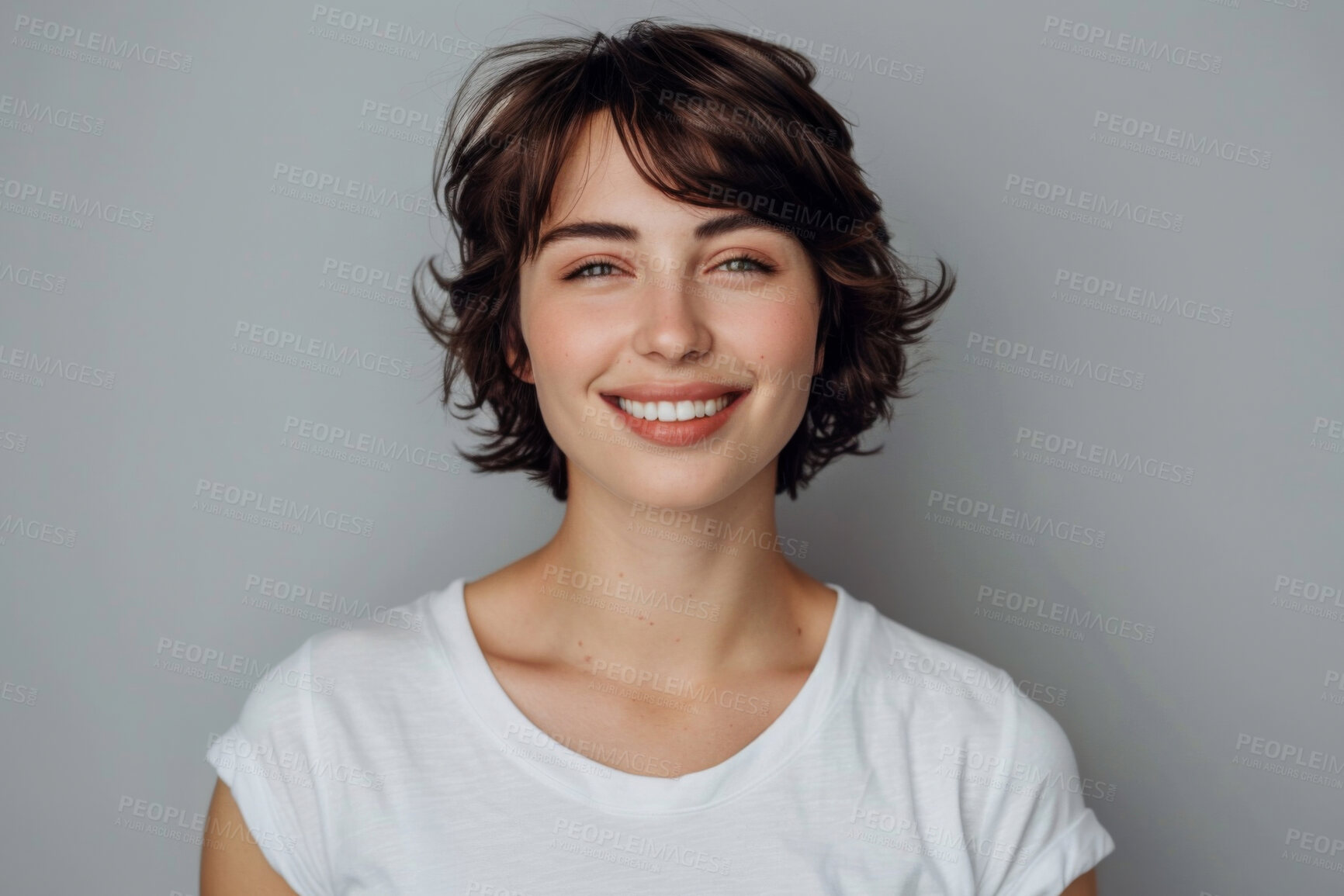 Buy stock photo Woman, fashionable and studio in portrait with smile for clothes, streetwear or style for college. Female student, simple and gray background with happiness or cool for university, joy in New York