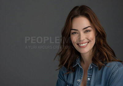 Portrait, beauty and happy woman with hair in studio isolated on gray background mockup space. Face, smile and model in casual clothes for fashion, skin or cosmetics of stylish student in Ireland