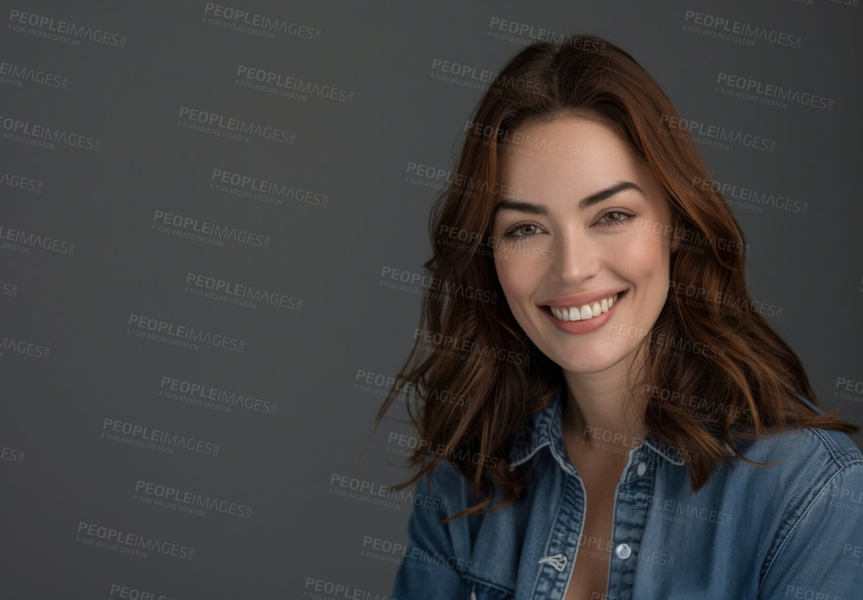 Buy stock photo Portrait, beauty and happy woman with hair in studio isolated on gray background mockup space. Face, smile and model in casual clothes for fashion, skin or cosmetics of stylish student in Ireland