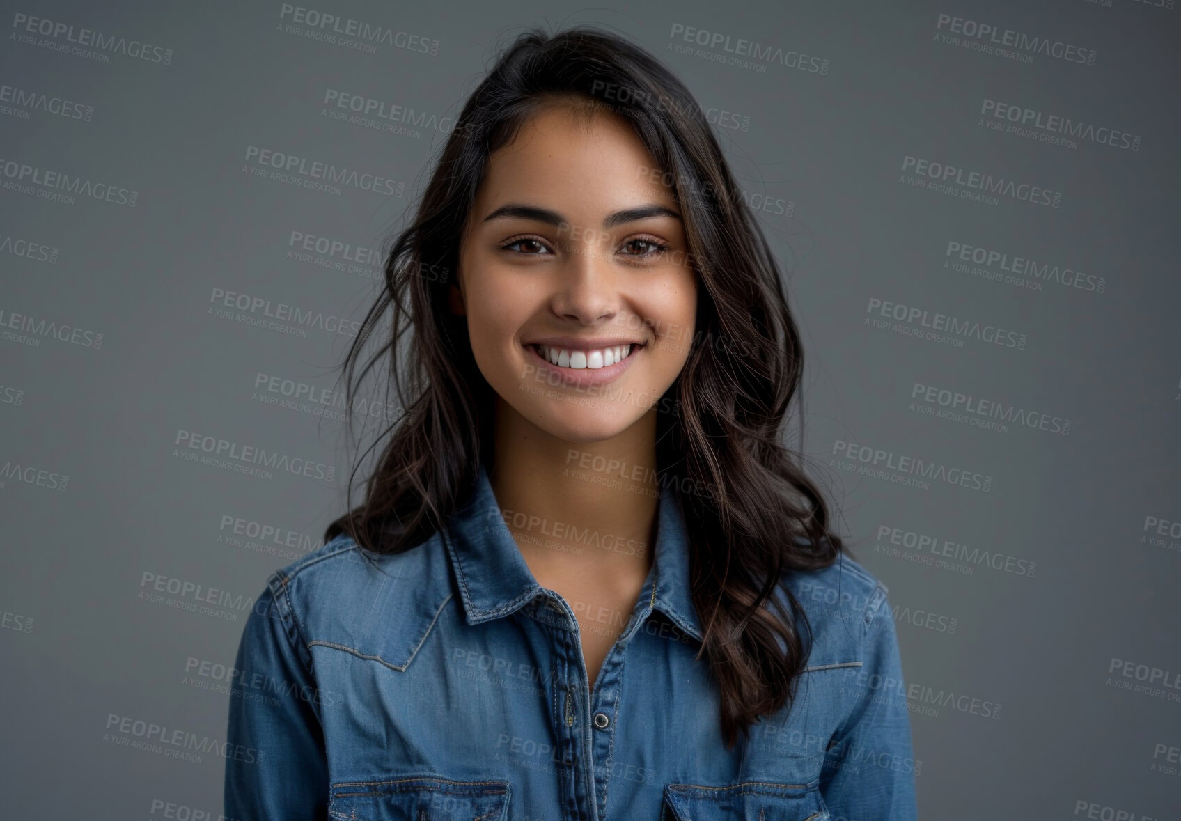 Buy stock photo Girl, portrait and student in studio with learning, confident and happy for knowledge. Learner, smile and proud of scholarship opportunity, education and college for academy study on grey background