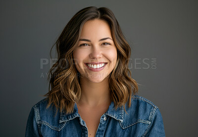 Buy stock photo Happy, young woman and designer with fashion for creative company and startup career isolated in studio. Female person or entrepreneur and smile in portrait for business worker as editor in Canada