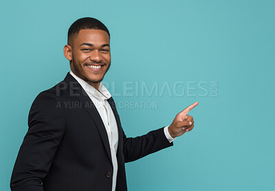Buy stock photo Portrait, African businessman and studio background for show information, offer and space for marketing. Man, pointing and smile on mockup for advertising, product placement and notification for sale