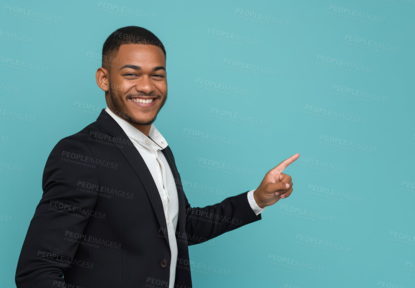 Buy stock photo Portrait, African businessman and studio background for show information, offer and space for marketing. Man, pointing and smile on mockup for advertising, product placement and notification for sale