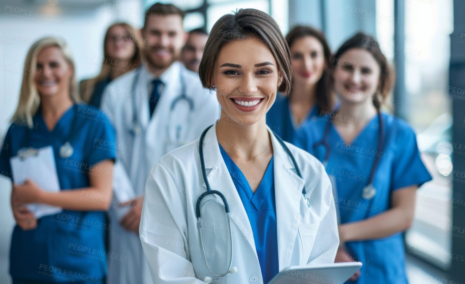 Buy stock photo Medical, doctor and leader with group, tablet and portrait with smile, technology and stethoscope. Healthcare, teamwork and collaboration with nurses, research and people in hospital and digital