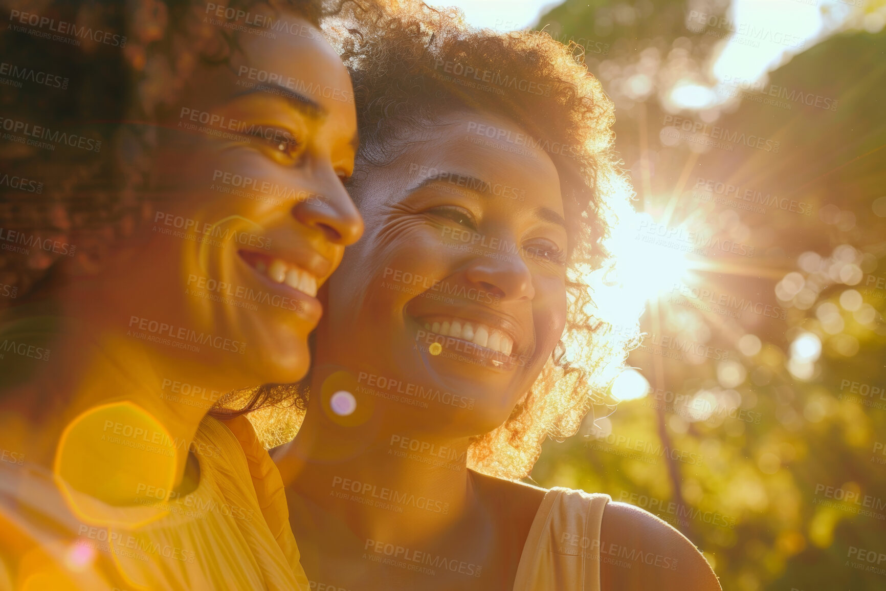 Buy stock photo Face, smile or thinking with mom and daughter outdoor in forest for autumn mothers day celebration. Family, love or vision with happy woman parent and adult child bonding in nature for relationship