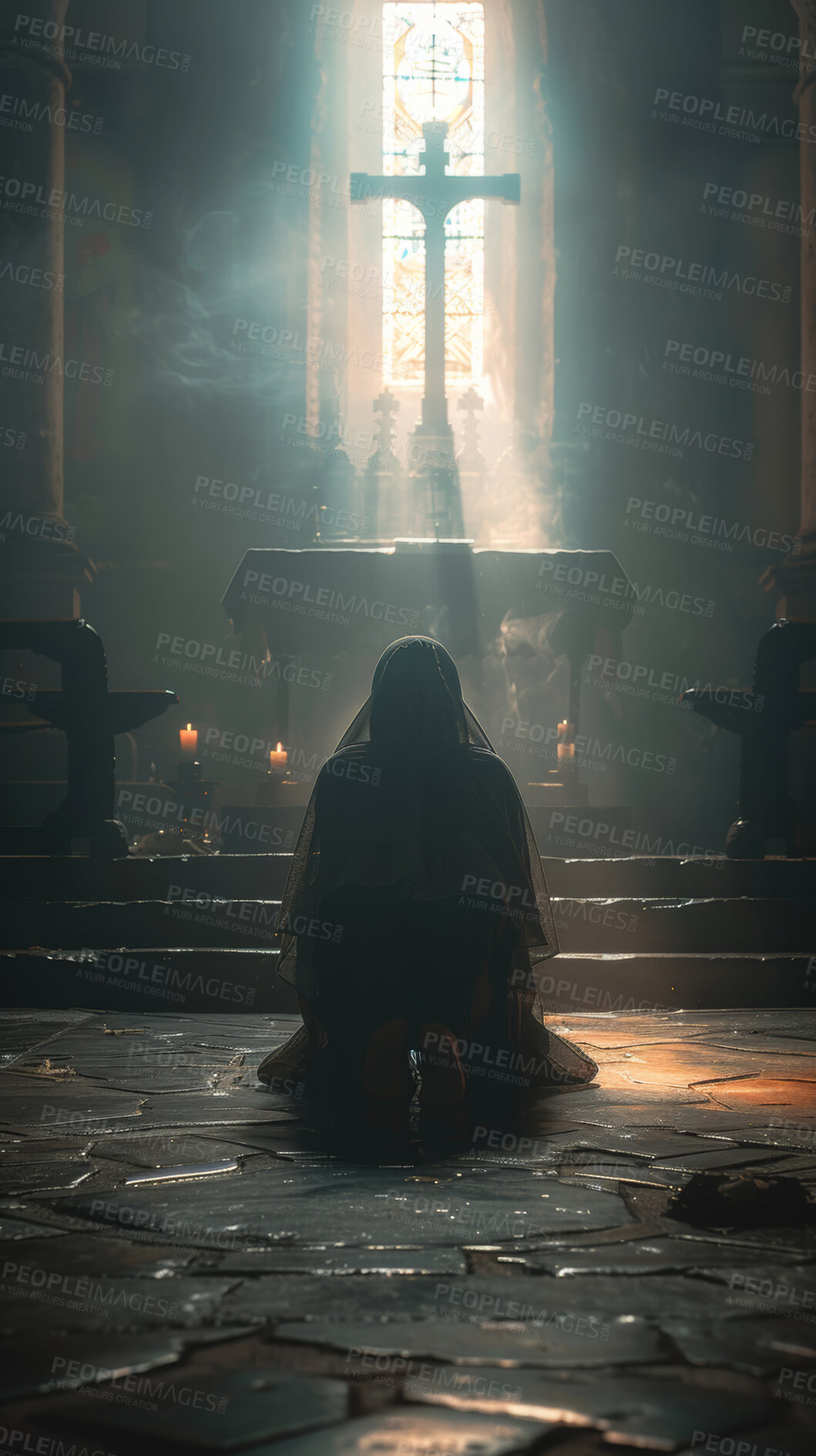 Buy stock photo Cross, woman and knees for praying at church as Christian for salvation, hope and worship with faith. Back view, healing and respect with praise for guidance, protection and spirituality for trust