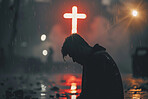 Man, god and rain with depressed for mercy with plead or cry for help with test of faith with glow cross. Mental health, doubt or loss with grief, hopeless and trouble with spiritual crisis outside.