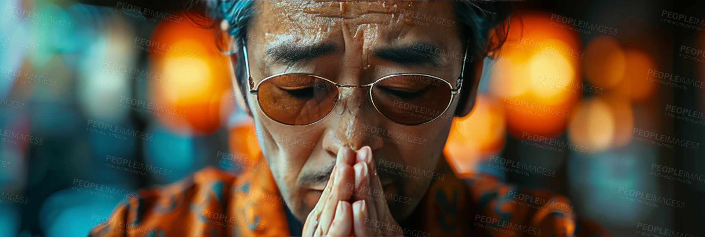 Buy stock photo Pray, hands and mature man in church for worship, spiritual faith or praise to God. Banner, bokeh and christian asian person for religion with gratitude, forgiveness or mindfulness in cathedral