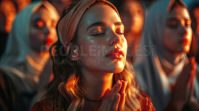 Buy stock photo Group, women and prayer at sunset with faith, solidarity and peace with reflection for religion. People, crowd and together in nature, dusk and sunshine with insight for spiritual journey in Qatar