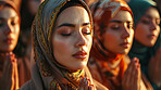 Muslim, worship or girl group with prayer with light, belief or spirituality, peace and sacred, journey or healing. Islamic, travel or women in Mecca for Hajj, Ramadan Kareem or Eid in holy city