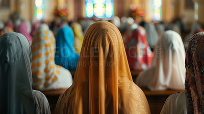 Buy stock photo Women, church and religion with community in pew for prayer, sermon or spiritual service with faith. People, audience and crowd with back, scarf and worship with mindfulness at temple in Jerusalem