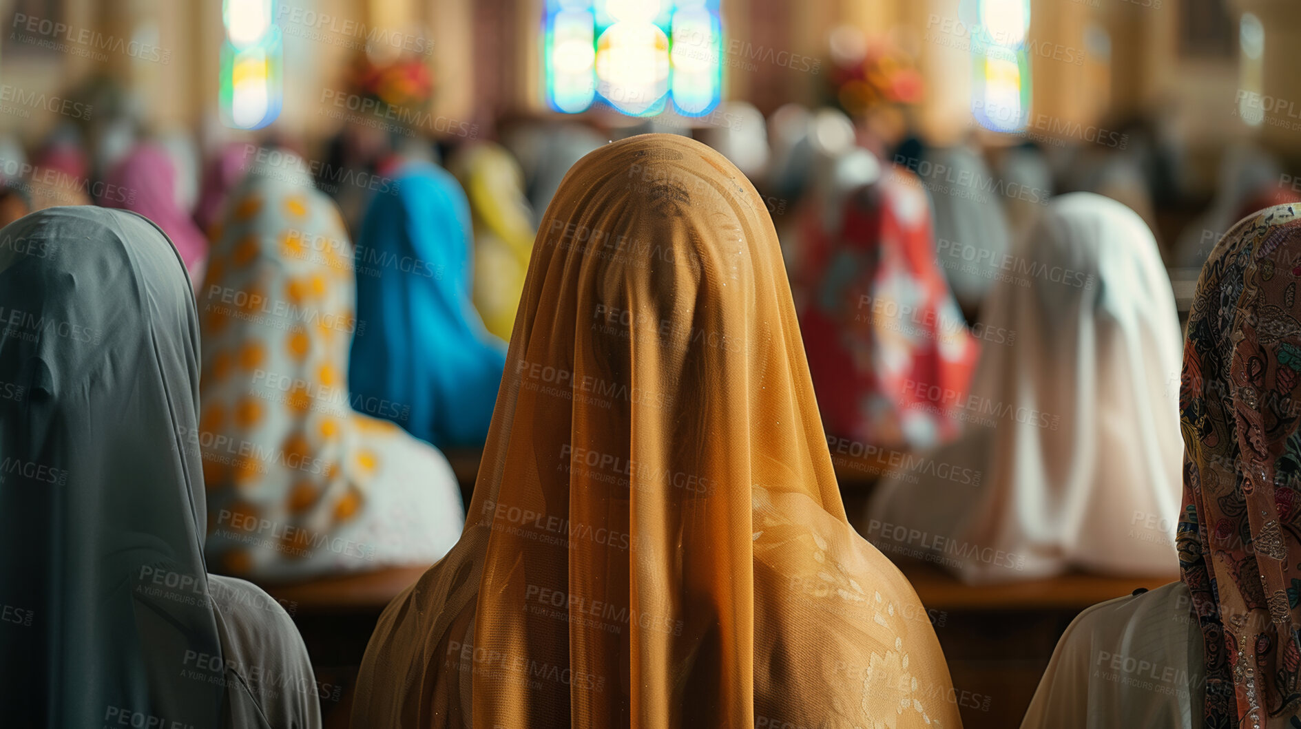 Buy stock photo Women, church and religion with community in pew for prayer, sermon or spiritual service with faith. People, audience and crowd with back, scarf and worship with mindfulness at temple in Jerusalem