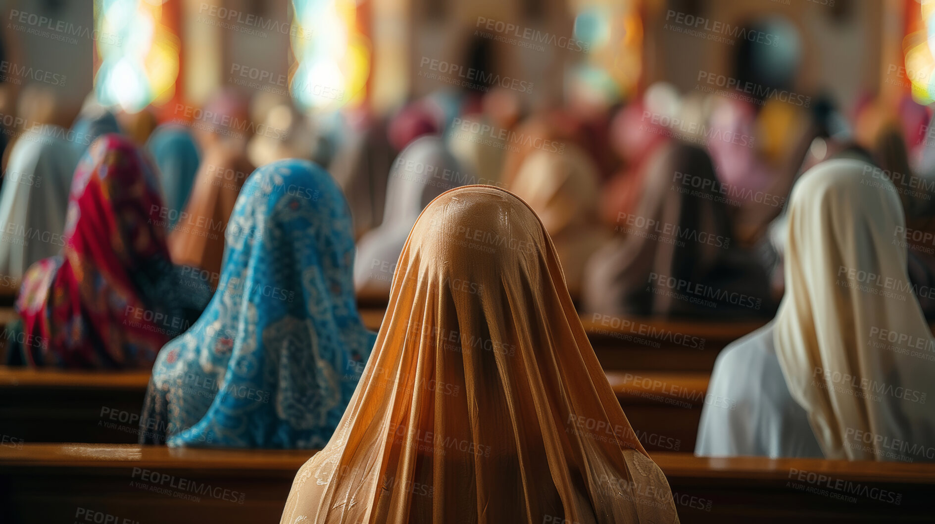 Buy stock photo Women, congregation and hijab in mosque for worship to God or Allah for religious belief in Islam. People, prayer and muslim community with garments for cultural tradition and connection to faith