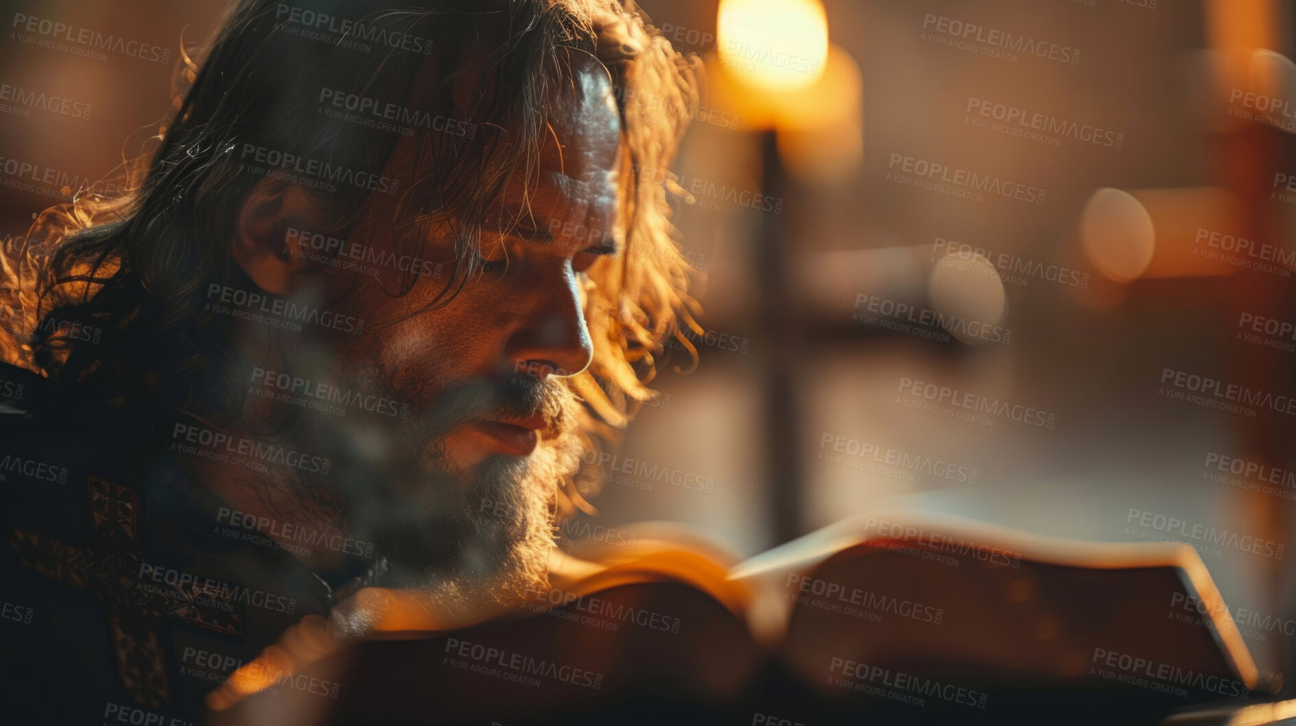 Buy stock photo Bible, face and prayer with man in church for Christian religion, faith or belief in God and Jesus. Hope, trust or worship with mature person reading holy book and praying for confession or miracle