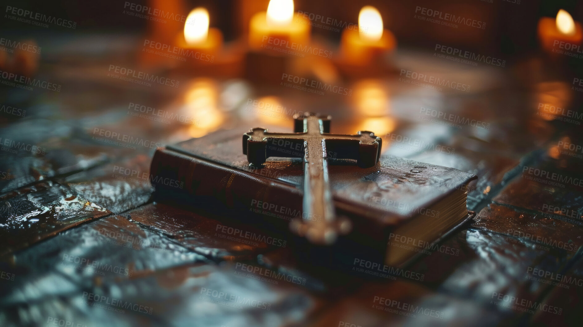 Buy stock photo Bible, cross and candles for Christianity religion with knowledge, information and healing for faith. Church, holy book and verse or text for revelation, wisdom and guidance with gospel for life