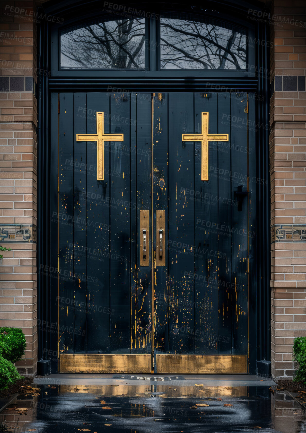 Buy stock photo Cross, faith and religion with door of church to enter temple for belief, praise or worship. Architecture, building or decoration with entrance to holy house of Christ, God or Jesus for welcome